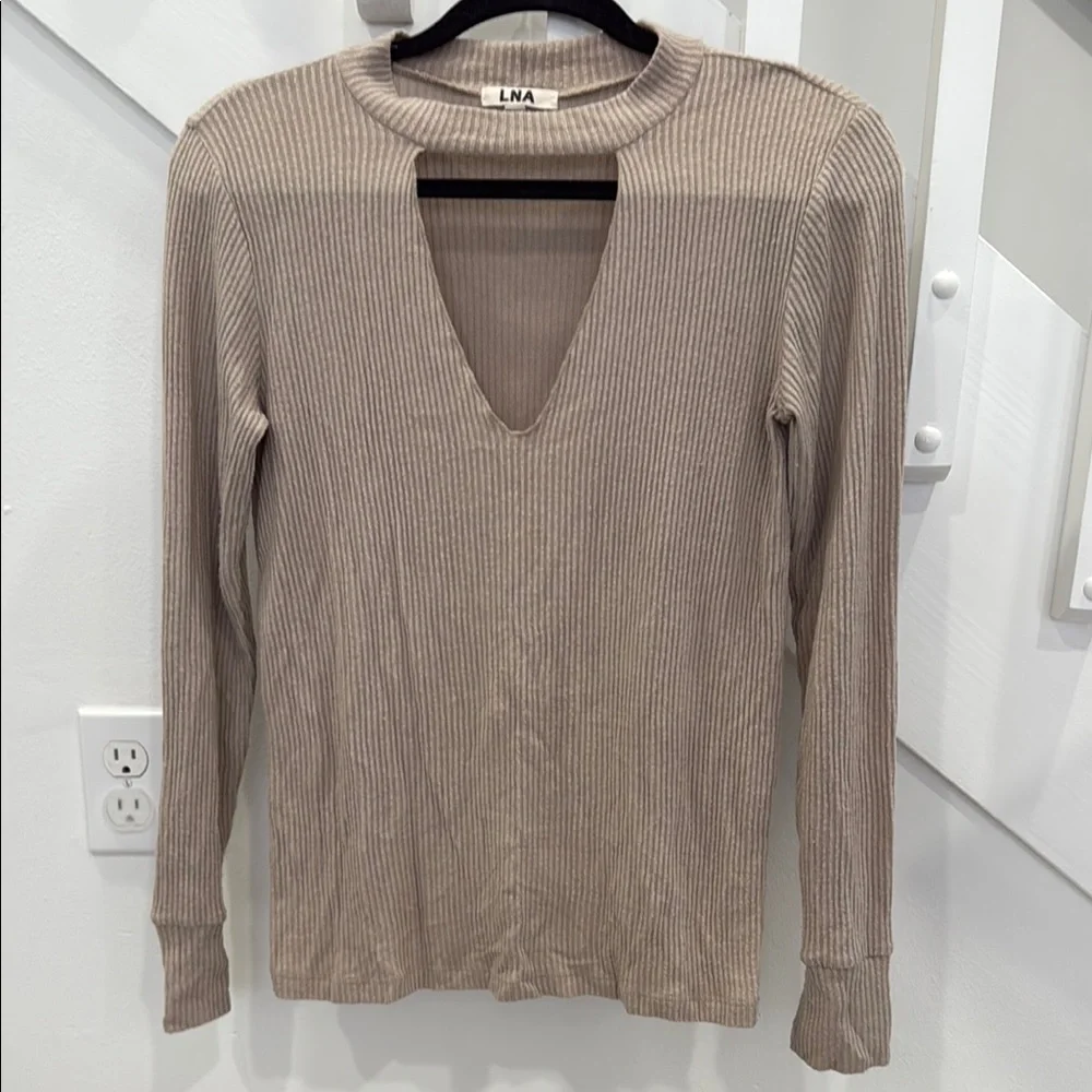 LNA Revolve Bardot Long Sleeve Tee with Keyhole Choker Neck in Oat - Picture 3 of 8